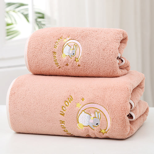Wholesale Thick Coral Fleece Bath Towel for Women, Super Absorbent Adult Bath Towel, Soft Plush Non-Cotton Beach Towel, Embroidered Moon Rabbit Luxury Bath Towel